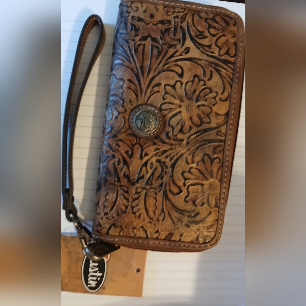 Brown Floral Embossed Wristlet Wallet Justin